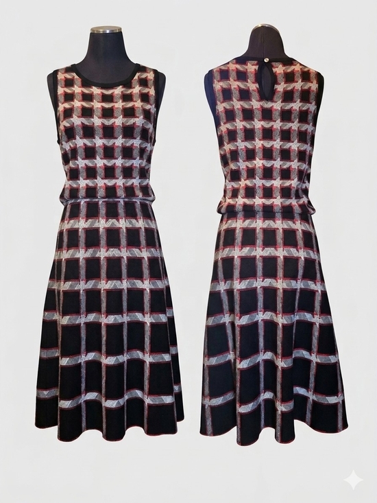 Etcetera Dresses & Skirts - Etcetera Black Midi Dress with Pink and Cream Windowpane Pattern